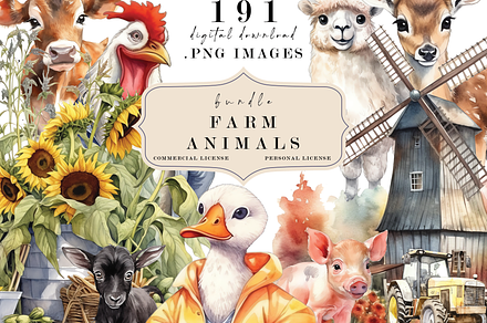 Farm Animals Watercolor Clipart, an Animal Photo by Redwood Digital Art