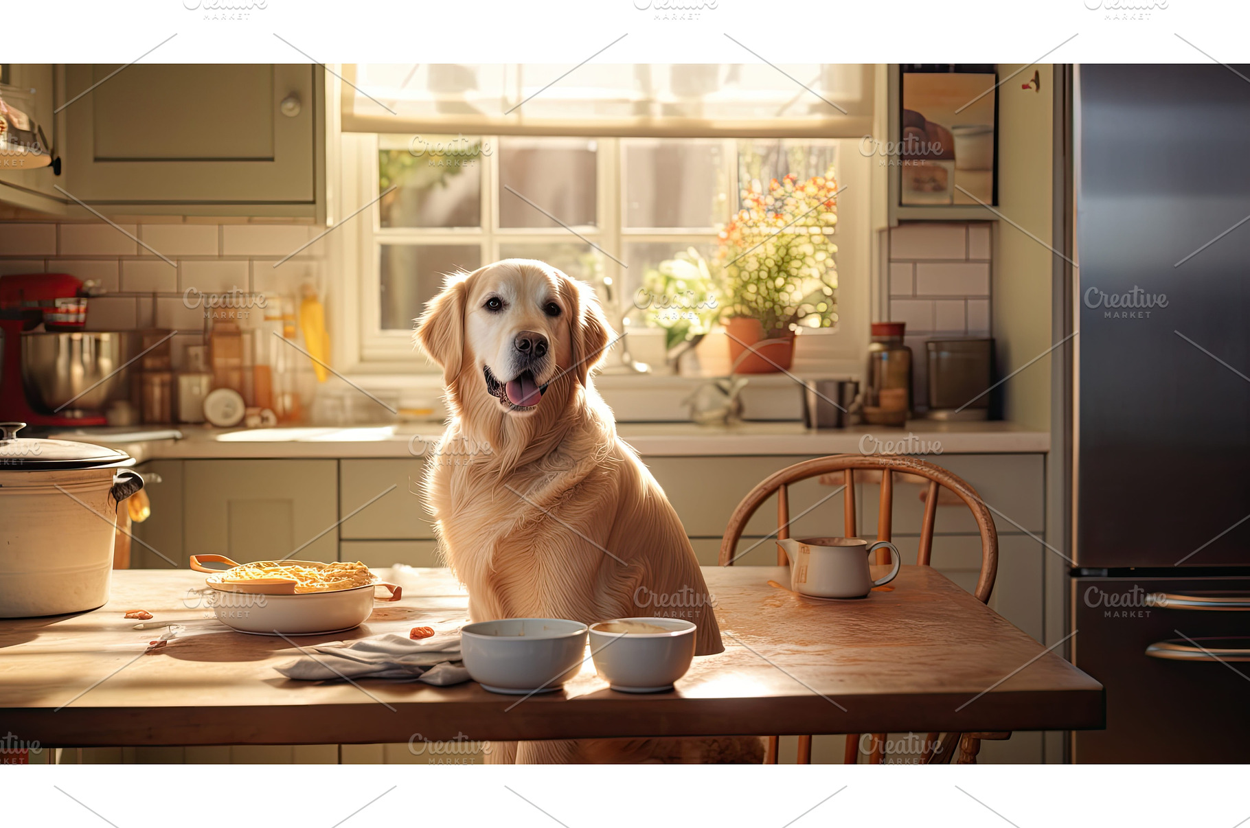 bowl dog sit kitchen ai generated, an Animal Photo by pikepicture