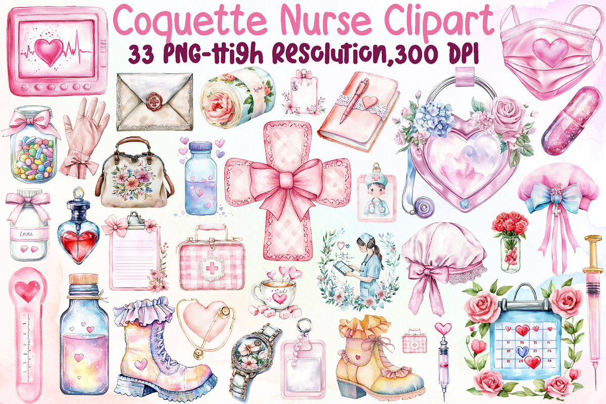 Watercolor Coquette Nurse Clipart, an Illustration by Sublimation Artist (Photo 1 of 6)