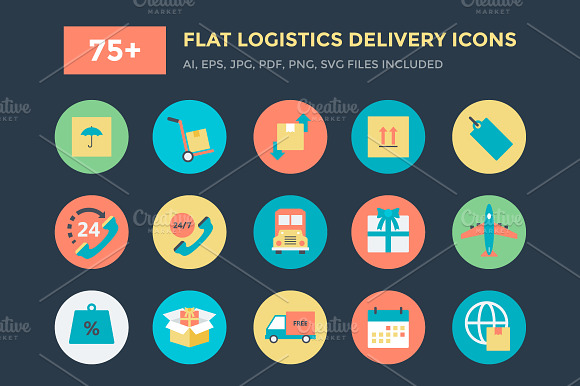 75 Flat Logistics Delivery Icons