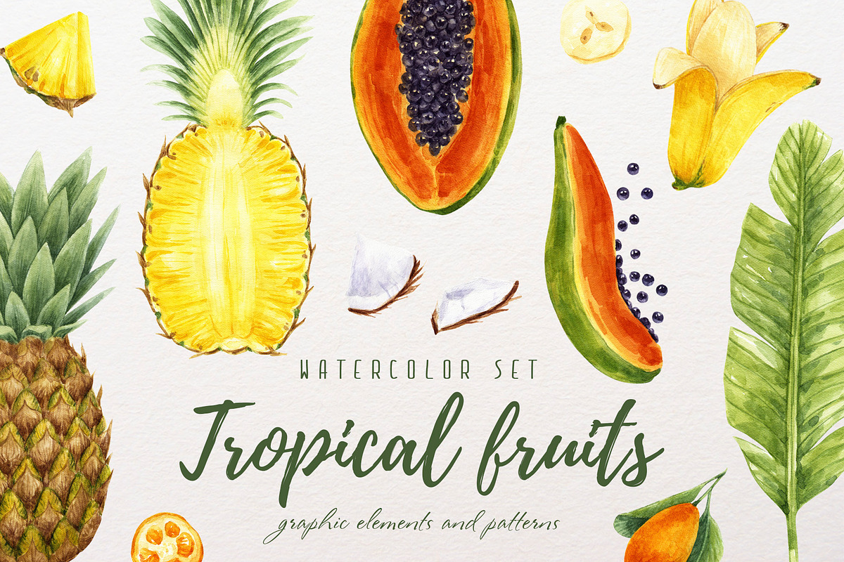 Tropical fruits watercolor clipart, a Food Illustration by a_ptichkina (Photo 1 of 5)