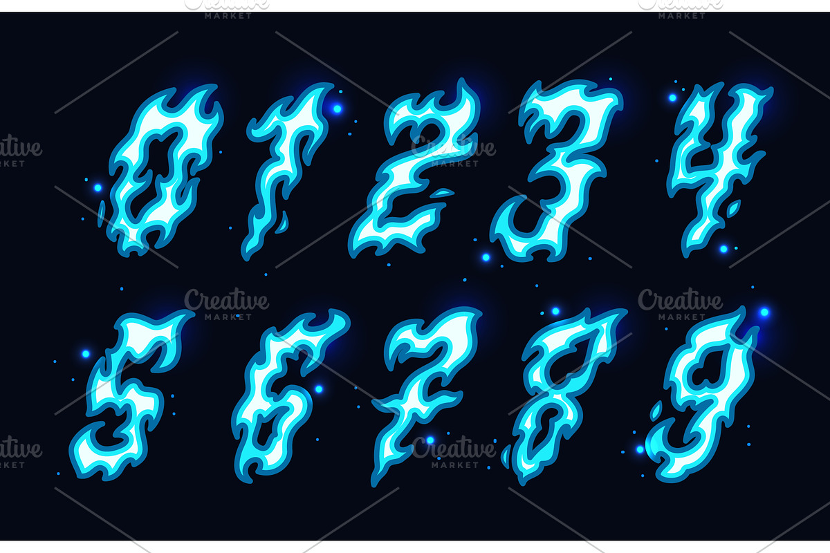 Burning blue numbers. Magic flame, an Illustration by YummyBuum