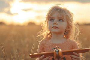 A young Caucasian girl with long hair holds a toy airplane, gazing thoughtfully, a Person Photo by ImageMir