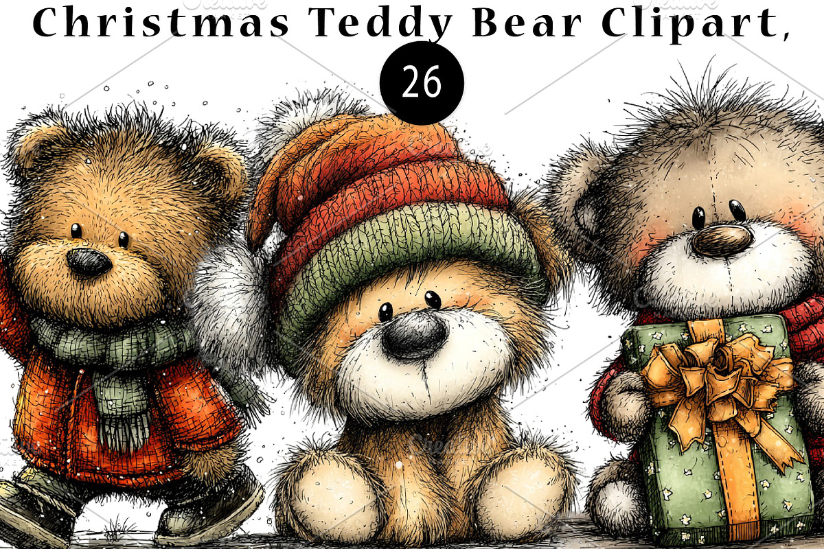 Christmas Teddy Bear Clipart,, a Seasonal Illustration by CreationArt (Photo 1 of 5)