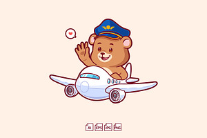 Brown Bear Pilot Riding Plane Icon, an Animal Illustration by tkzgraphic
