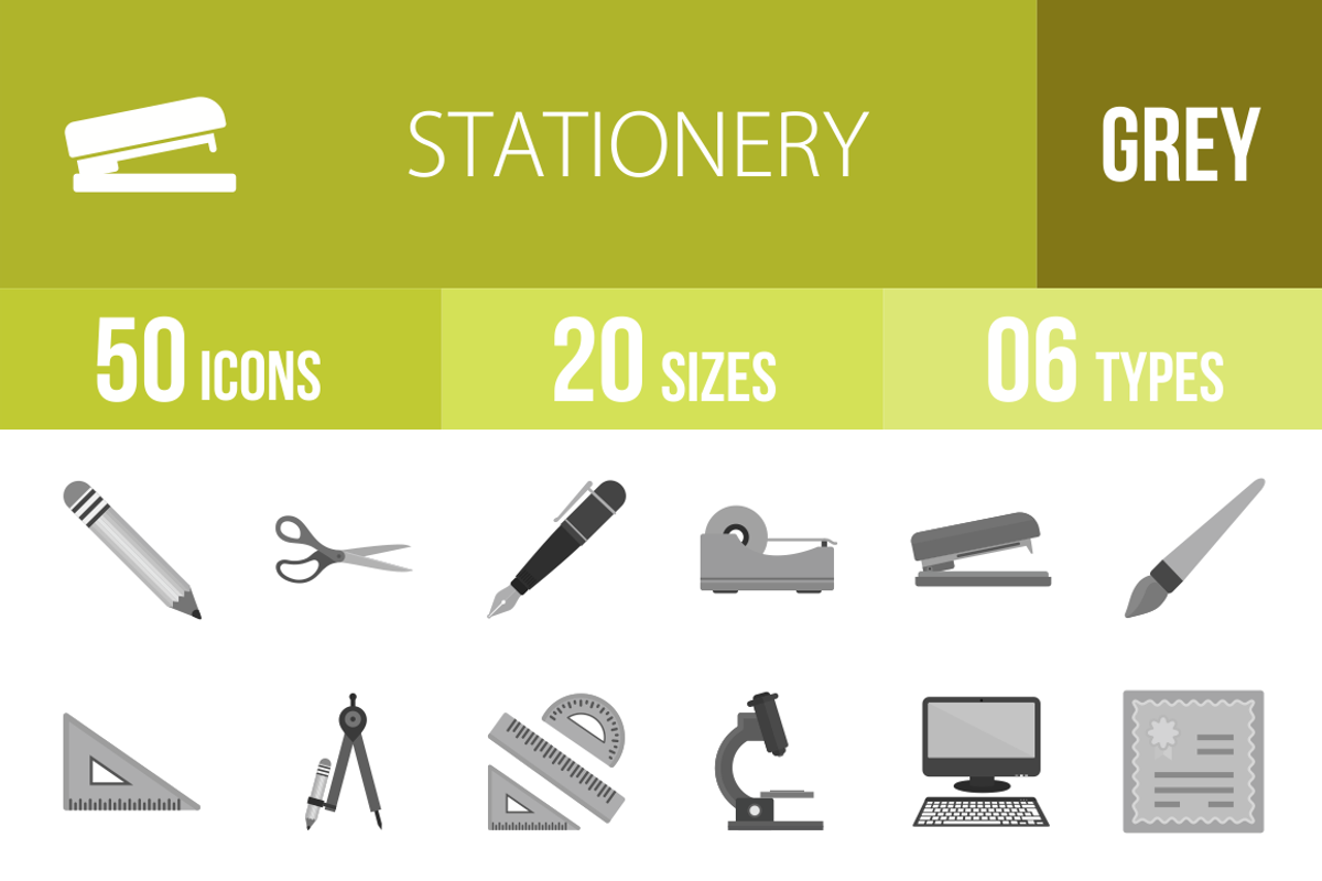 50 Stationery Greyscale Icons