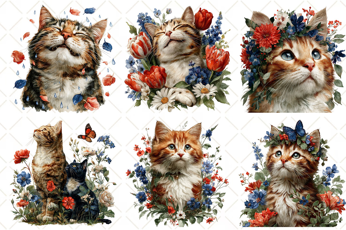 Whimsical Spring Cat Clipart, an Illustration by Black Bird Studio (Photo 2 of 5)