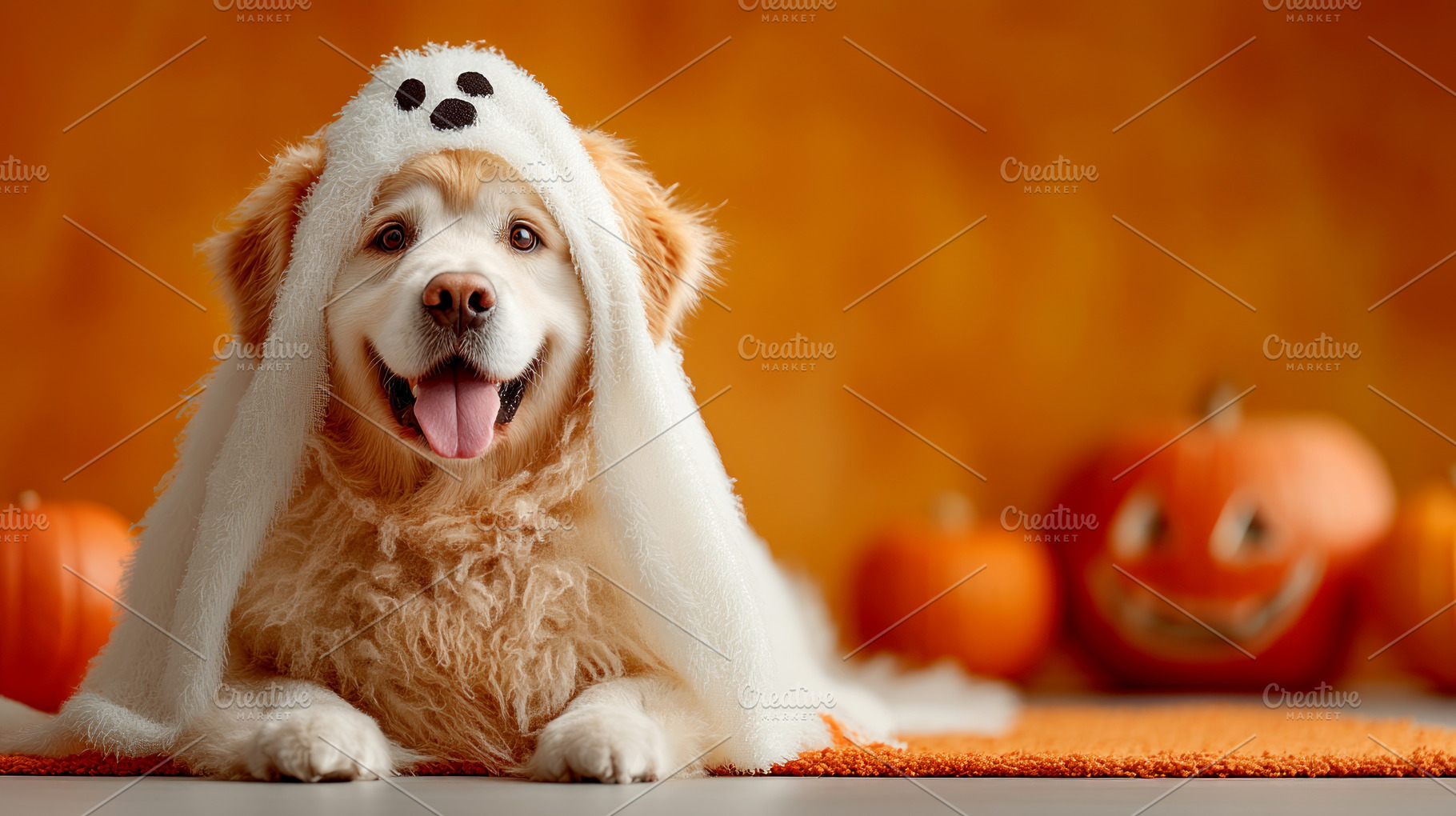 Happy golden retriever dog in ghost costume lying on orange rug, a Person Photo by José Manuel Gelpi