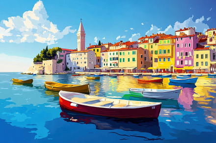 A picturesque coastal village featur, a Photo by Tanuart