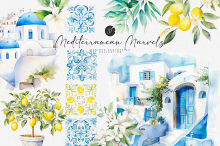 mediterranean watercolor clipart, a Decorative Illustration by Patishop Art