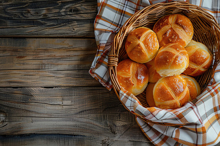 Flat lay of freshly different baked buns in basket on wooden table, a Food & Drink Photo by AlyaAnd