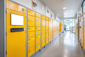 Bright yellow lockers in a modern hallway, an Architecture Photo by AlyaAnd