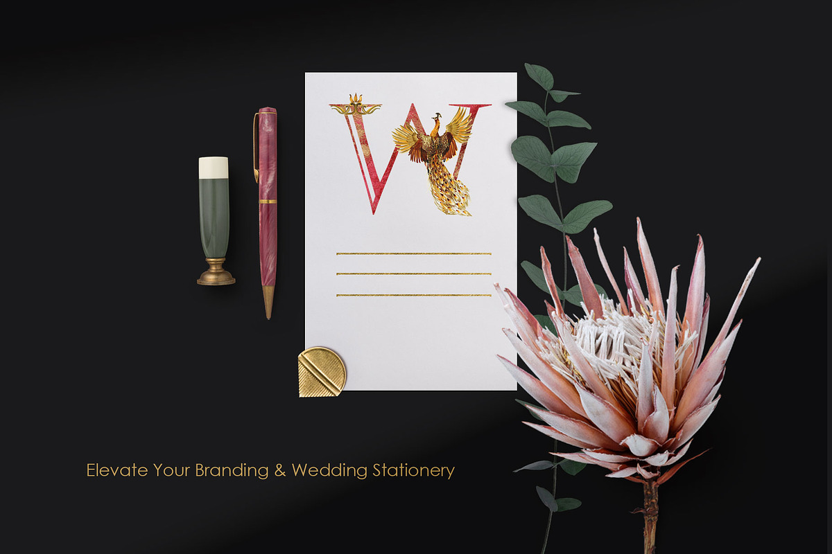 Peacock Gold & Burgundy Monograms, an Object Illustration by FineArt