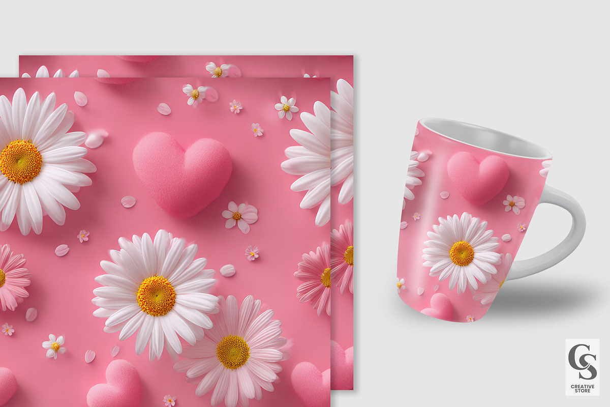 Pink Hearts & Daisy Digital Papers, a Pattern Graphic by Creative Store (Photo 2 of 5)