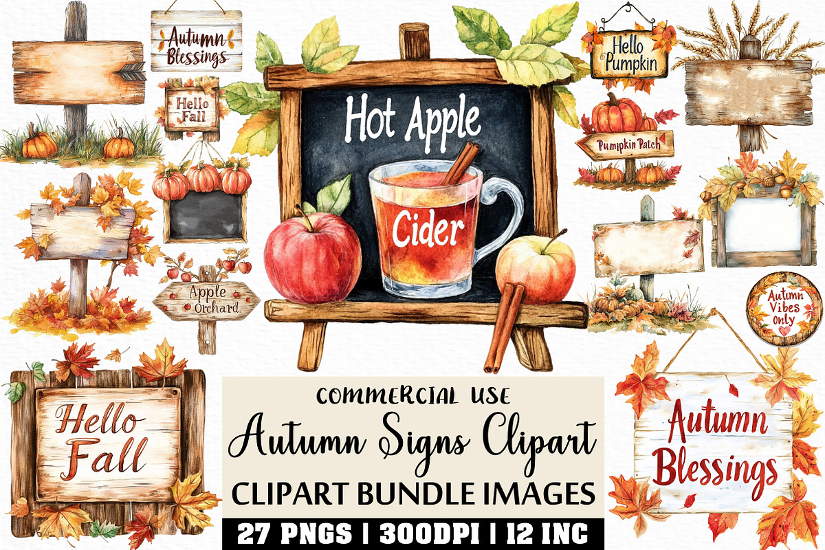 Watercolor Autumn Signs Clipart, an Illustration by Craft Nest (Photo 1 of 6)