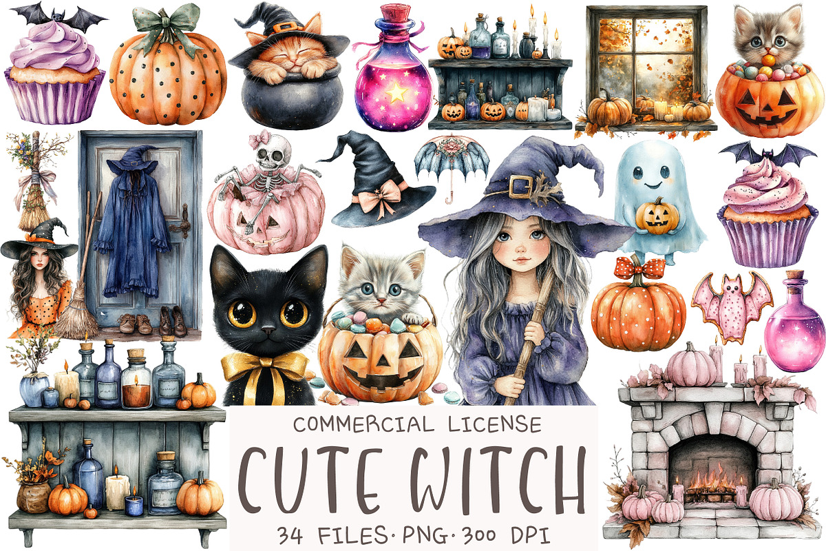Watercolor Cute Witch Clipart, an Illustration by OK Design (Photo 1 of 5)