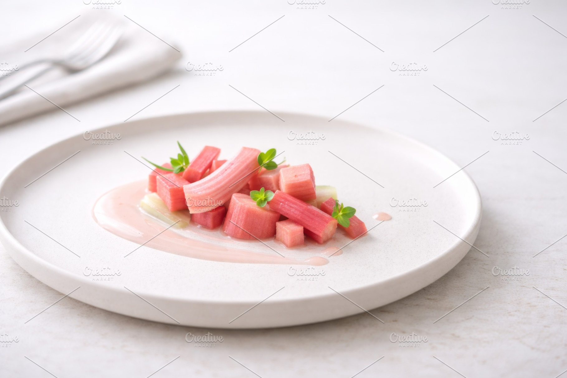 Rhubarb dessert artfully plated on w, a Photo by Dvoevnore photos