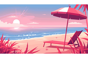 Sea sunset pink background. Beach, an Illustration by Stock-Smart-Start