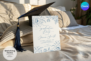 Blue Floral Graduation Party, an Invitation Template by Digital_Mind