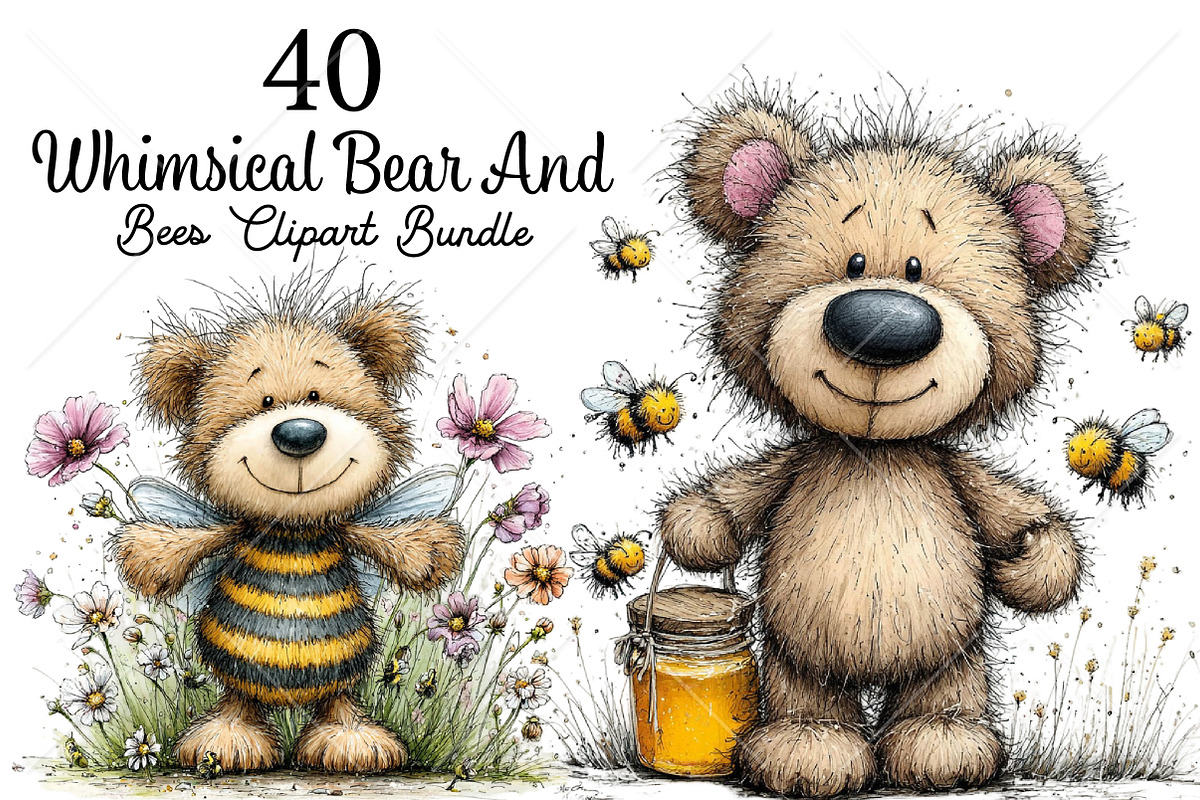 Whimsical Bear and Bees Clipart, a Seasonal Illustration by Canvas Craft (Photo 1 of 10)