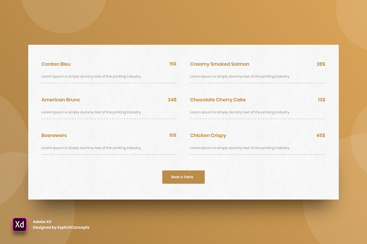 Food Pricing Table - Adobe XD, a Landing Page Template by ExplicitConcepts