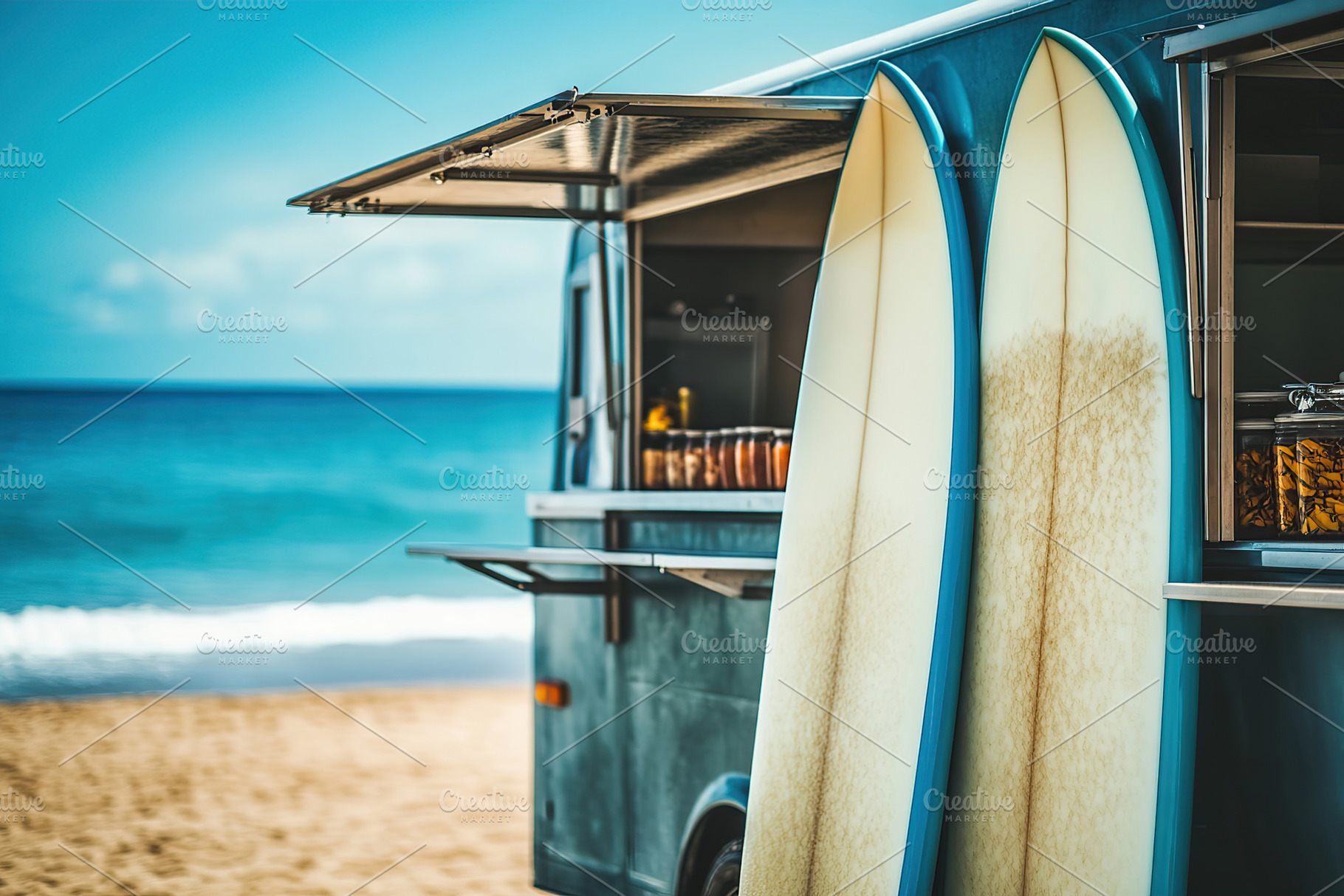 Truck parked near the beach with surfboards ready for a fun day of activities a, a Sports & Recreation Photo by AlyaAnd