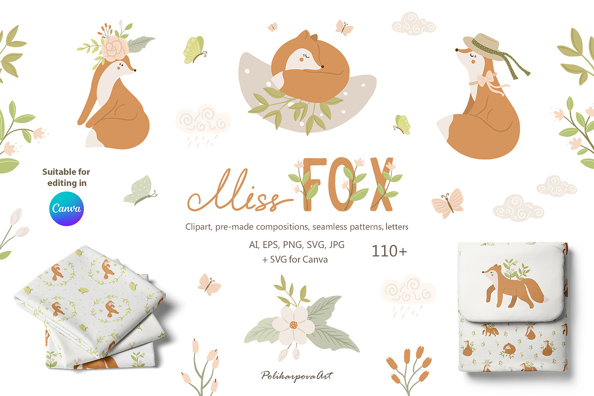 Miss FOX clipart & seamless patterns, an Animal Illustration by polikarpovaart (Photo 1 of 9)