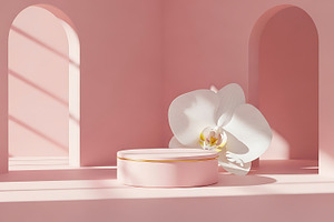 Minimalist Pink Podium White Orchid, a Background Photo by Artonix