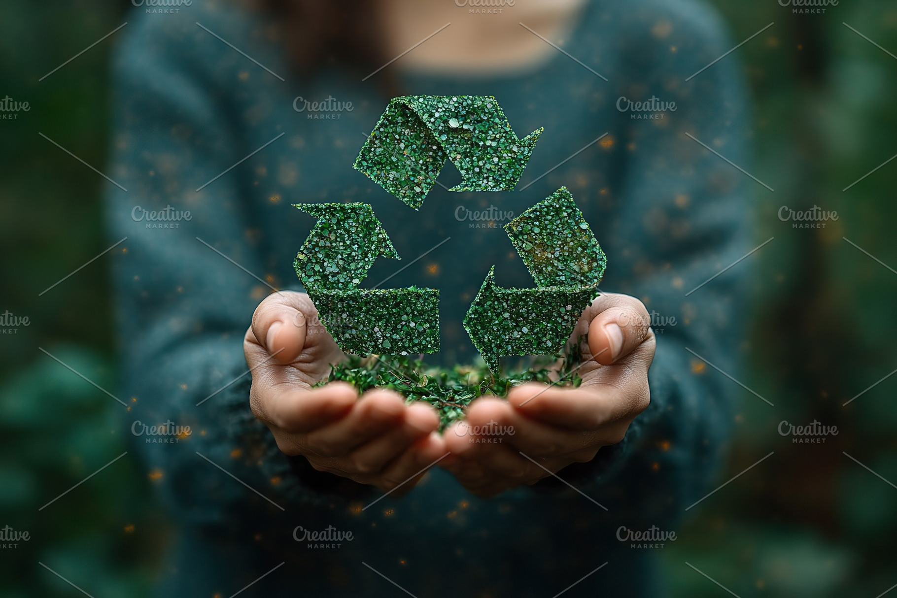 Ecology recycle icon with green leaves in human hands, a Photo by AlyaAnd