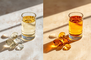 Contrast of clear and amber drinks on a tabletop under different lighting condi, a Food & Drink Photo by AlyaAnd