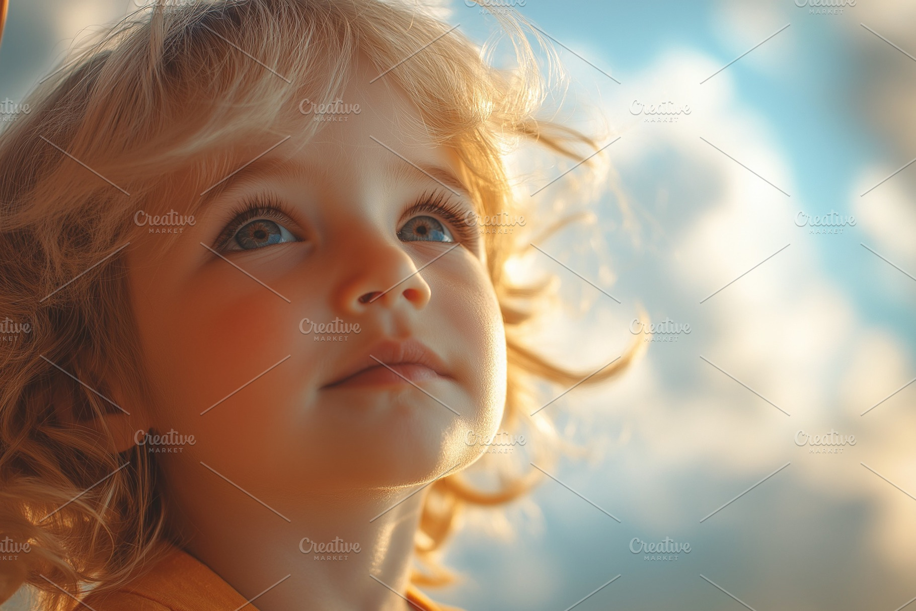 A curious young Caucasian boy gazes up at the sky, his soft blond curls illumin, a Person Photo by ImageMir