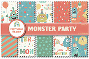 Monster party clipart & paper set, an Illustration by Poppymoondesign (Thumbnail 2 of 5)