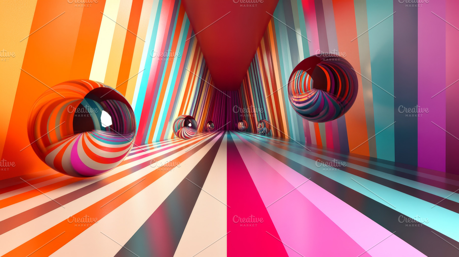 Futuristic Neon Tunnel with Reflective Metallic Spheres, an Abstract Photo by Natalia Klenova's Shop