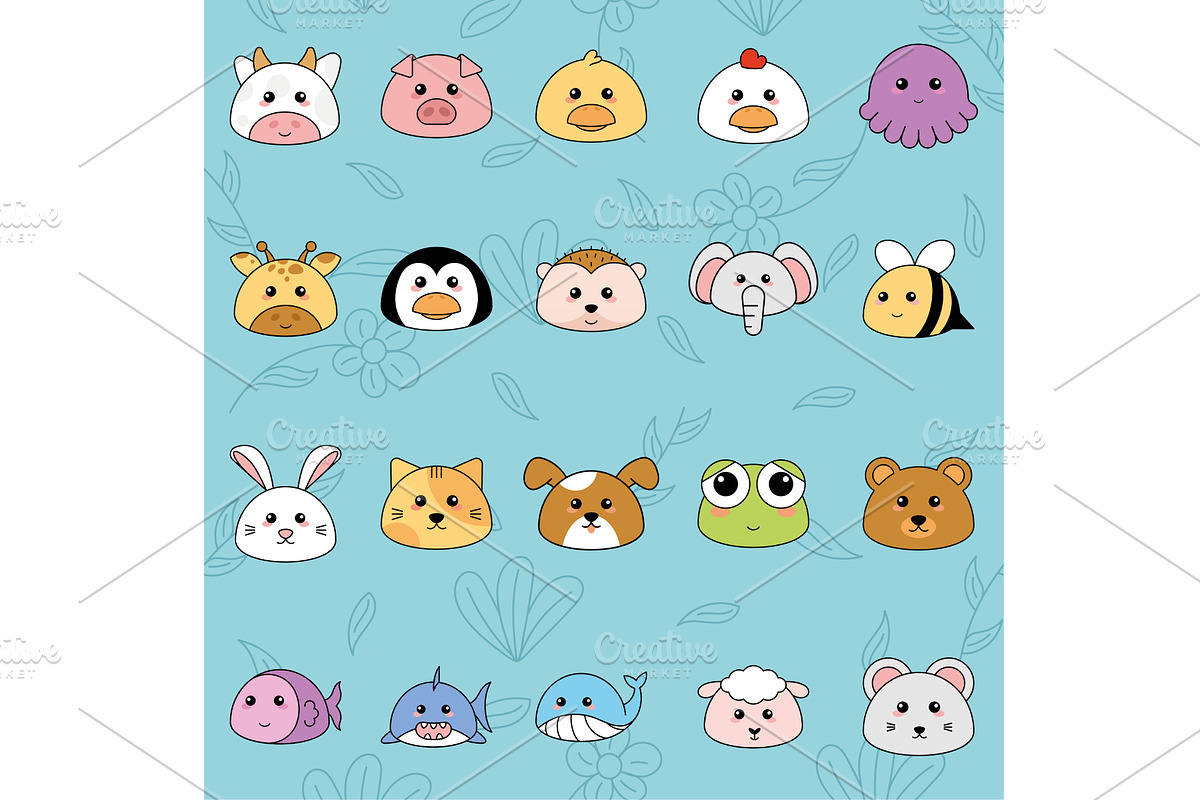 Cute kawaii emoji animal icons set, an Animal Illustration by studioDK