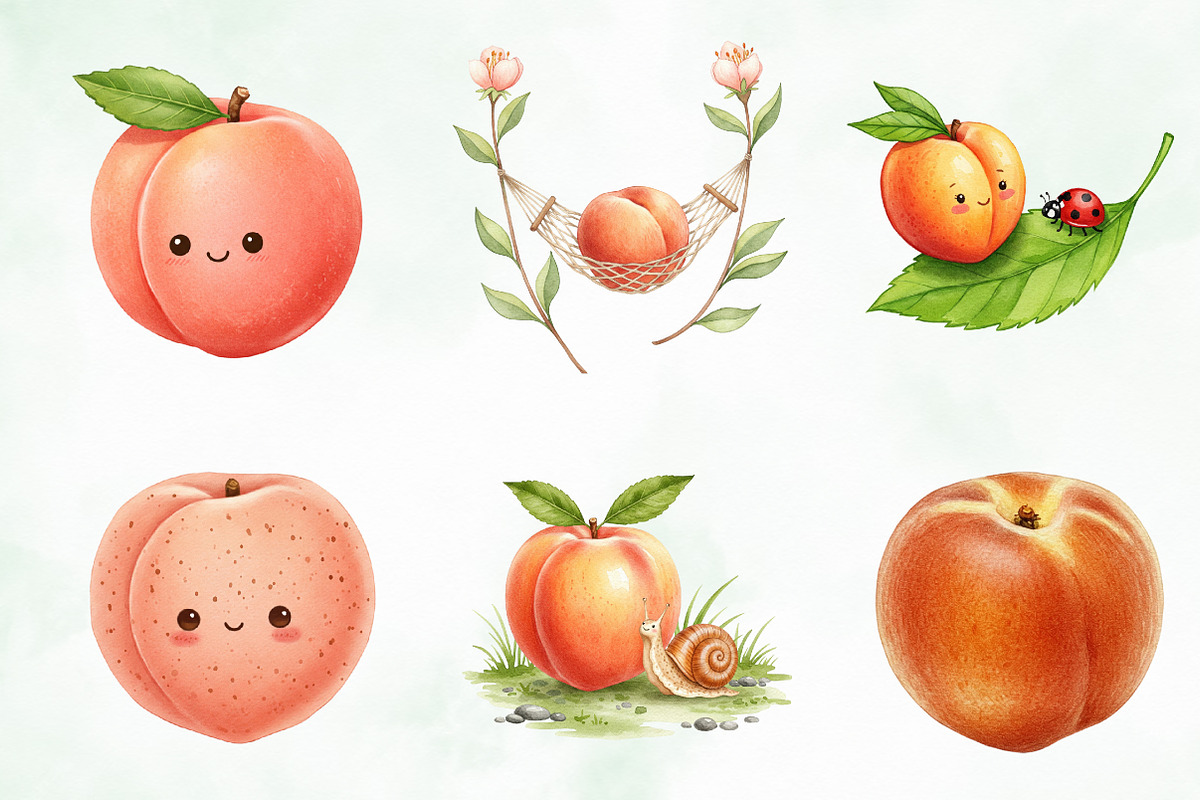 Watercolor Cute Peaches Garden Fruit, an Illustration by Creative Art (Photo 6 of 10)