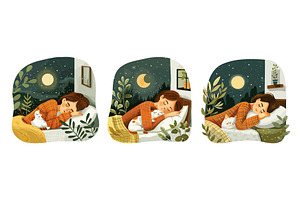 Woman cat sleeping together cartoon, an Animal Illustration by Stock-Smart-Start