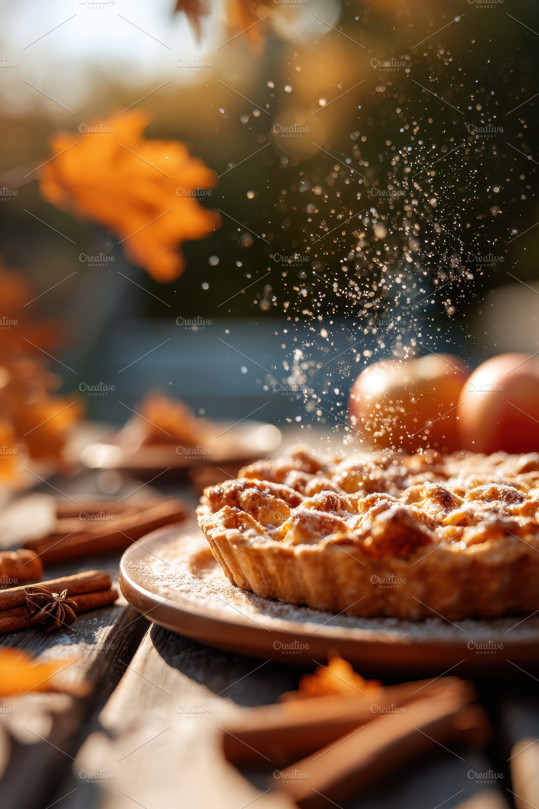 Autumn apple pie with cinnamon and leaves, a Food & Drink Photo by AlyaAnd