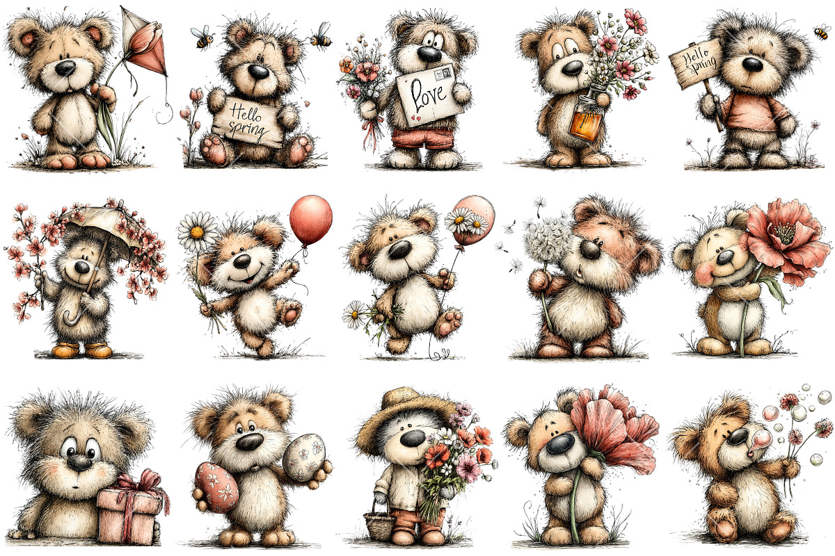 Quirky Spring Teddy Bear Clipart, an Illustration by OK Design (Photo 3 of 6)