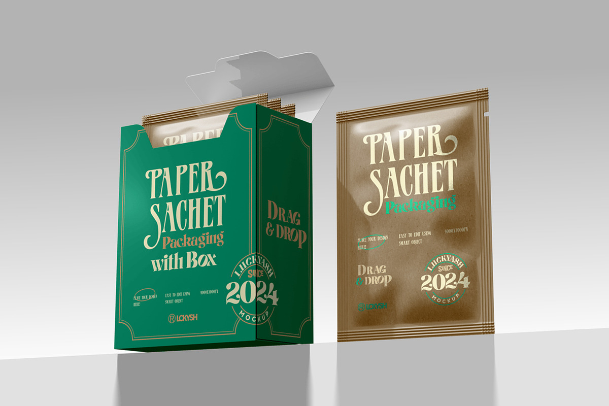 Paper Sachet with Box Mockup, a Packaging Mockup by megostudi0 (Photo 4 of 5)