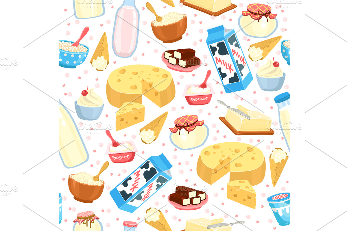 Milk products seamless pattern, a Food Illustration by Vectorbuum