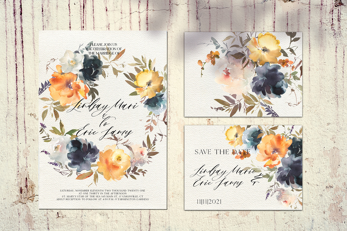 Navy Gold Yellow Watercolor Flowers, a Decorative Illustration by whiteheartdesign (Photo 6 of 6)