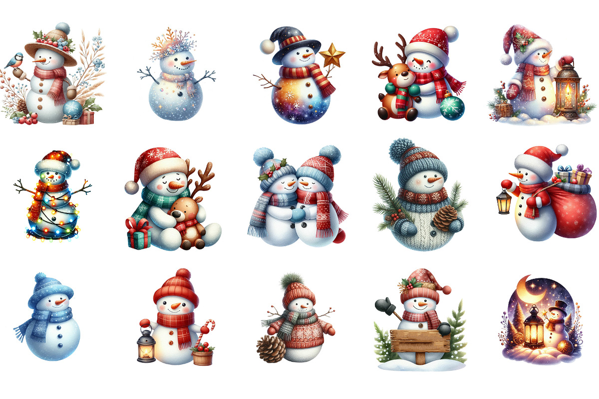 Christmas Snowman Watercolor Clipart, an Illustration by Designking (Photo 2 of 5)
