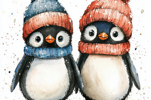 Two adorable penguins wearing winter, an Animal Photo by Pixeness Studio
