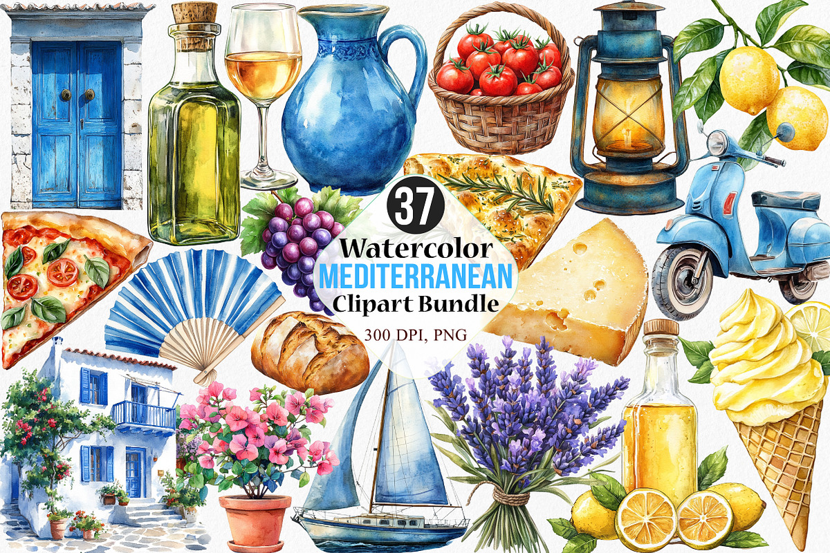 Watercolor Mediterranean Clipart, an Illustration by Canvas Craft (Photo 1 of 7)