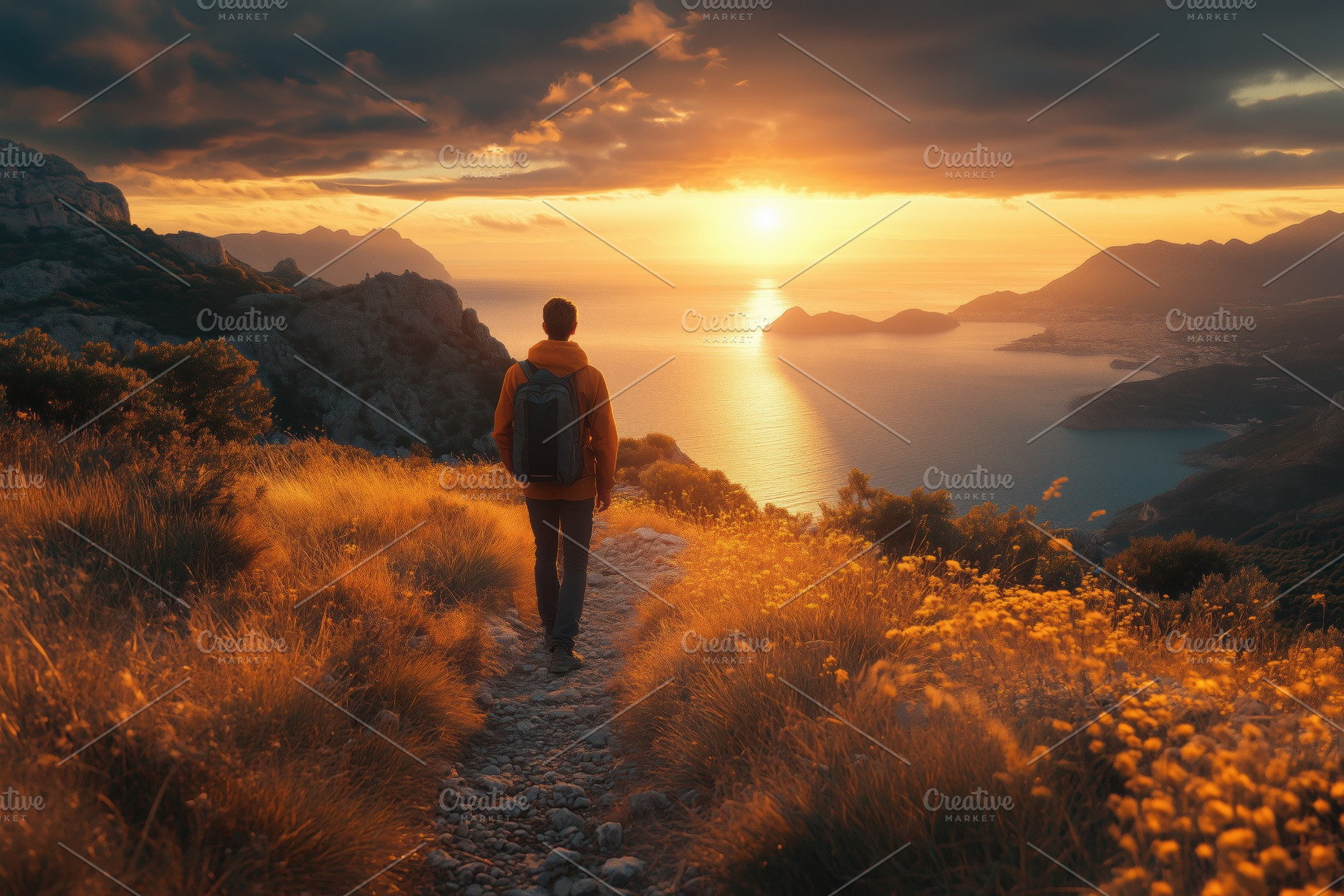 A person walking along a scenic trail during sunset, surrounded by golden flowe, a Person Photo by Textures & Backgrounds