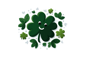 Cute smiling four-leaf clover with cartoon face surrounded by gr, an Abstract Photo by José Manuel Gelpi