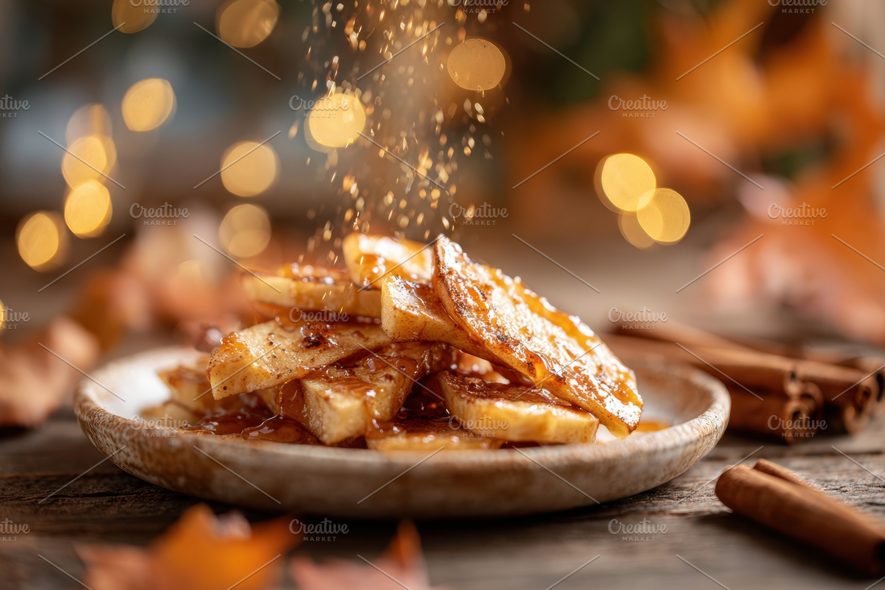 A plate of caramelized apple slices sprinkled with cinnamon, surrounded by warm, a Food & Drink Photo by AlyaAnd