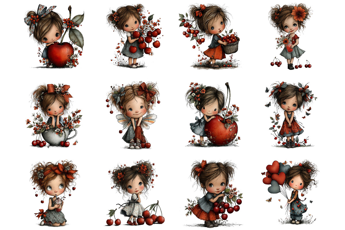 Cherry Girl Whimsical Clipart, a Person Illustration by Designking (Photo 2 of 5)