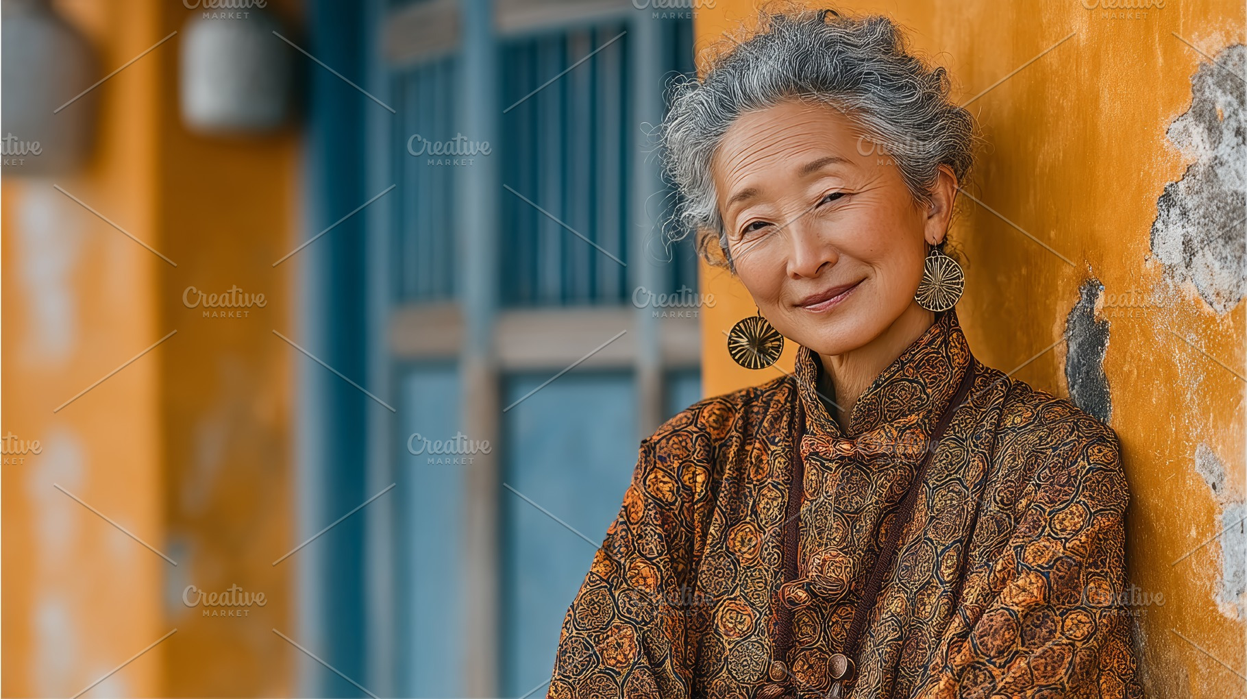Senior Asian woman portrait in traditional patterned coat smiling gently while, a Photo by AS photostudio