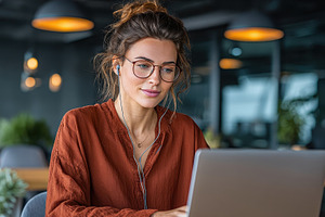 Woman works on laptop in modern offi, a Photo by Pixeness Studio